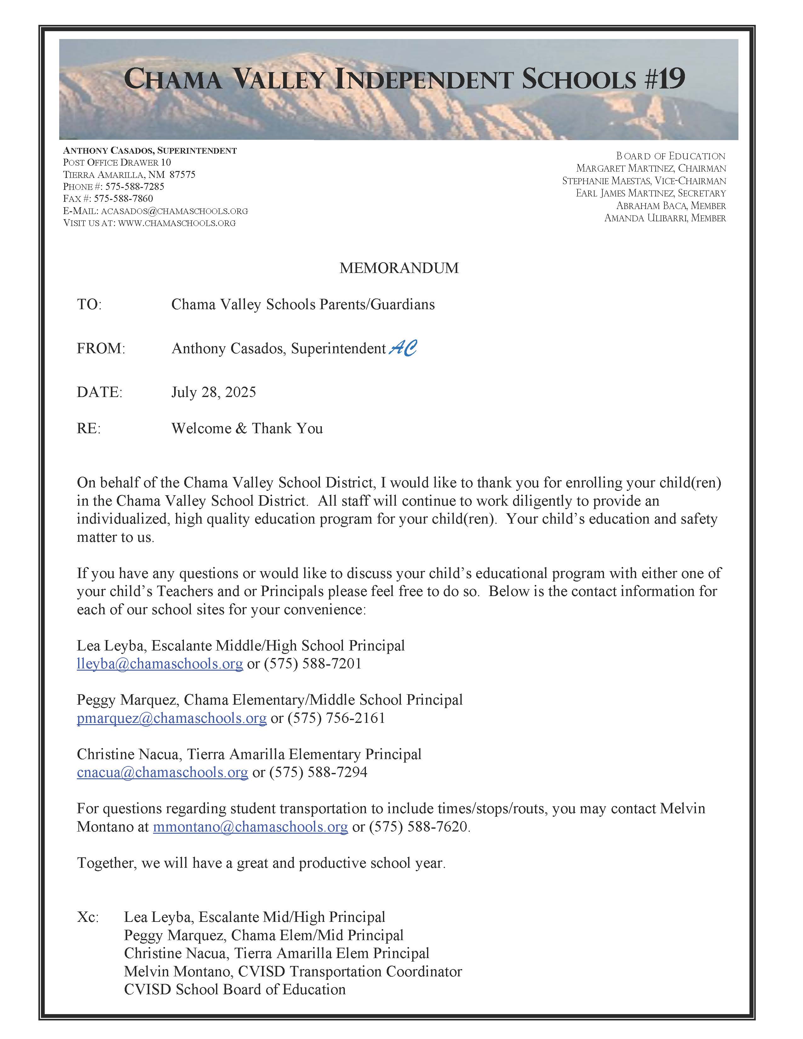 SY25-26 Welcome Letter